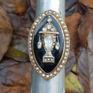 15k Gold Enamel Seed Pearl And Old Cut Diamond Large Setting Mourning Ring Size UK N 1/2 Antique Georgian Circa 1820