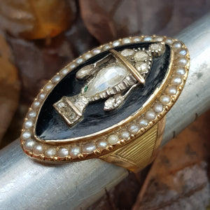 15k Gold Enamel Seed Pearl And Old Cut Diamond Large Setting Mourning Ring Size UK N 1/2 Antique Georgian Circa 1820