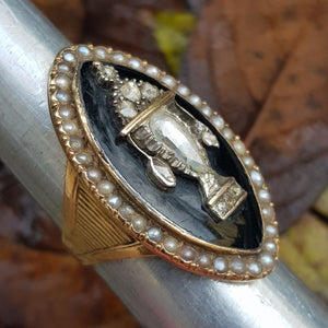 15k Gold Enamel Seed Pearl And Old Cut Diamond Large Setting Mourning Ring Size UK N 1/2 Antique Georgian Circa 1820