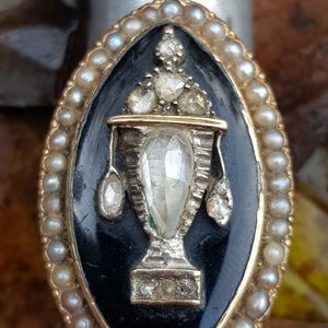 15k Gold Enamel Seed Pearl And Old Cut Diamond Large Setting Mourning Ring Size UK N 1/2 Antique Georgian Circa 1820