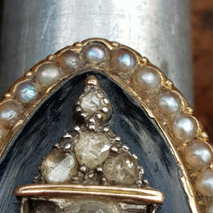 15k Gold Enamel Seed Pearl And Old Cut Diamond Large Setting Mourning Ring Size UK N 1/2 Antique Georgian Circa 1820