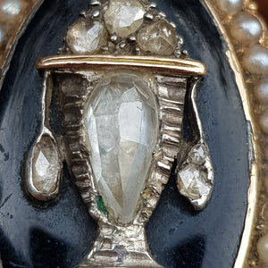 15k Gold Enamel Seed Pearl And Old Cut Diamond Large Setting Mourning Ring Size UK N 1/2 Antique Georgian Circa 1820