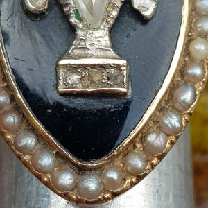 15k Gold Enamel Seed Pearl And Old Cut Diamond Large Setting Mourning Ring Size UK N 1/2 Antique Georgian Circa 1820