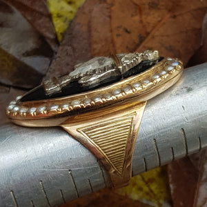 15k Gold Enamel Seed Pearl And Old Cut Diamond Large Setting Mourning Ring Size UK N 1/2 Antique Georgian Circa 1820