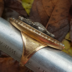 15k Gold Enamel Seed Pearl And Old Cut Diamond Large Setting Mourning Ring Size UK N 1/2 Antique Georgian Circa 1820