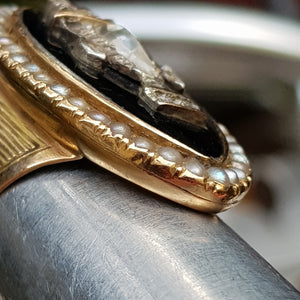 15k Gold Enamel Seed Pearl And Old Cut Diamond Large Setting Mourning Ring Size UK N 1/2 Antique Georgian Circa 1820