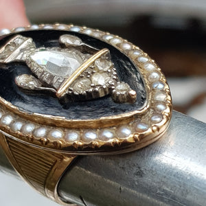 15k Gold Enamel Seed Pearl And Old Cut Diamond Large Setting Mourning Ring Size UK N 1/2 Antique Georgian Circa 1820