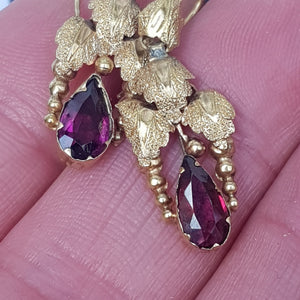 14k Gold Almandine Garnet Bacchanalian Theme Pair Of Earrings Antique Victorian Circa 1880
