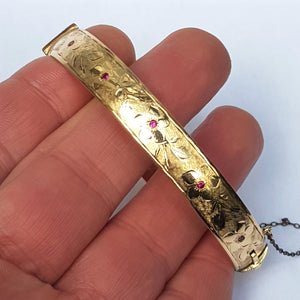 9k Gold Metal Core Ruby Set Floral Engraved Bangle Vintage Retro Circa 1940's