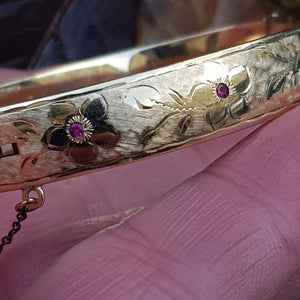 9k Gold Metal Core Ruby Set Floral Engraved Bangle Vintage Retro Circa 1940's