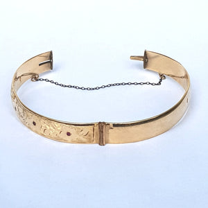 9k Gold Metal Core Ruby Set Floral Engraved Bangle Vintage Retro Circa 1940's