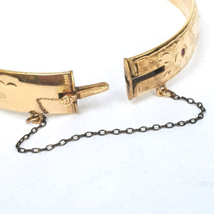 9k Gold Metal Core Ruby Set Floral Engraved Bangle Vintage Retro Circa 1940's