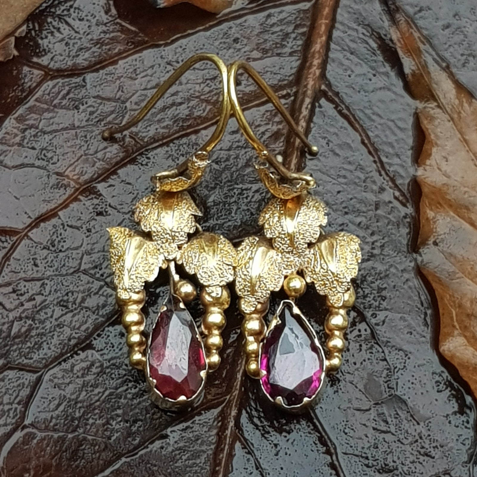 14k Gold Almandine Garnet Bacchanalian Theme Pair Of Earrings Antique Victorian Circa 1880