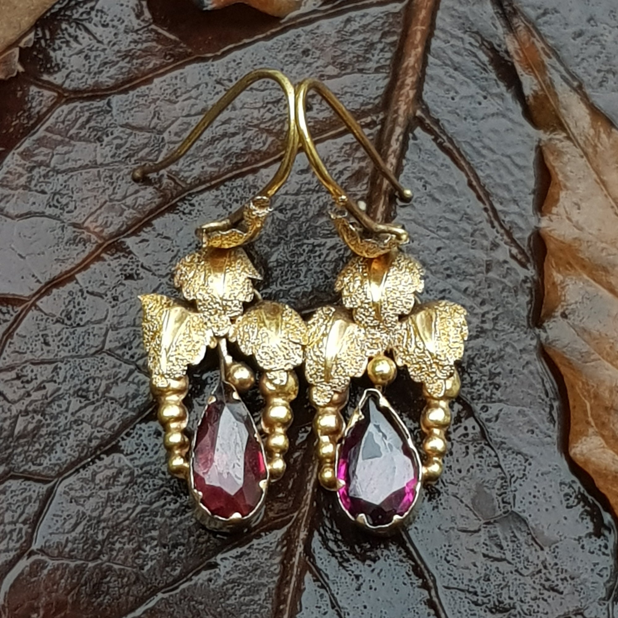 14k Gold Almandine Garnet Bacchanalian Theme Pair Of Earrings Antique Victorian Circa 1880