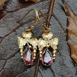 14k Gold Almandine Garnet Bacchanalian Theme Pair Of Earrings Antique Victorian Circa 1880