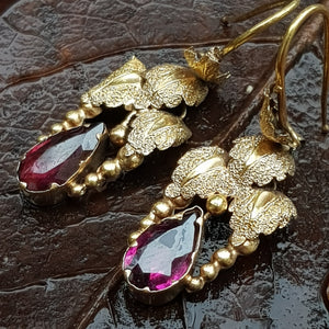 14k Gold Almandine Garnet Bacchanalian Theme Pair Of Earrings Antique Victorian Circa 1880