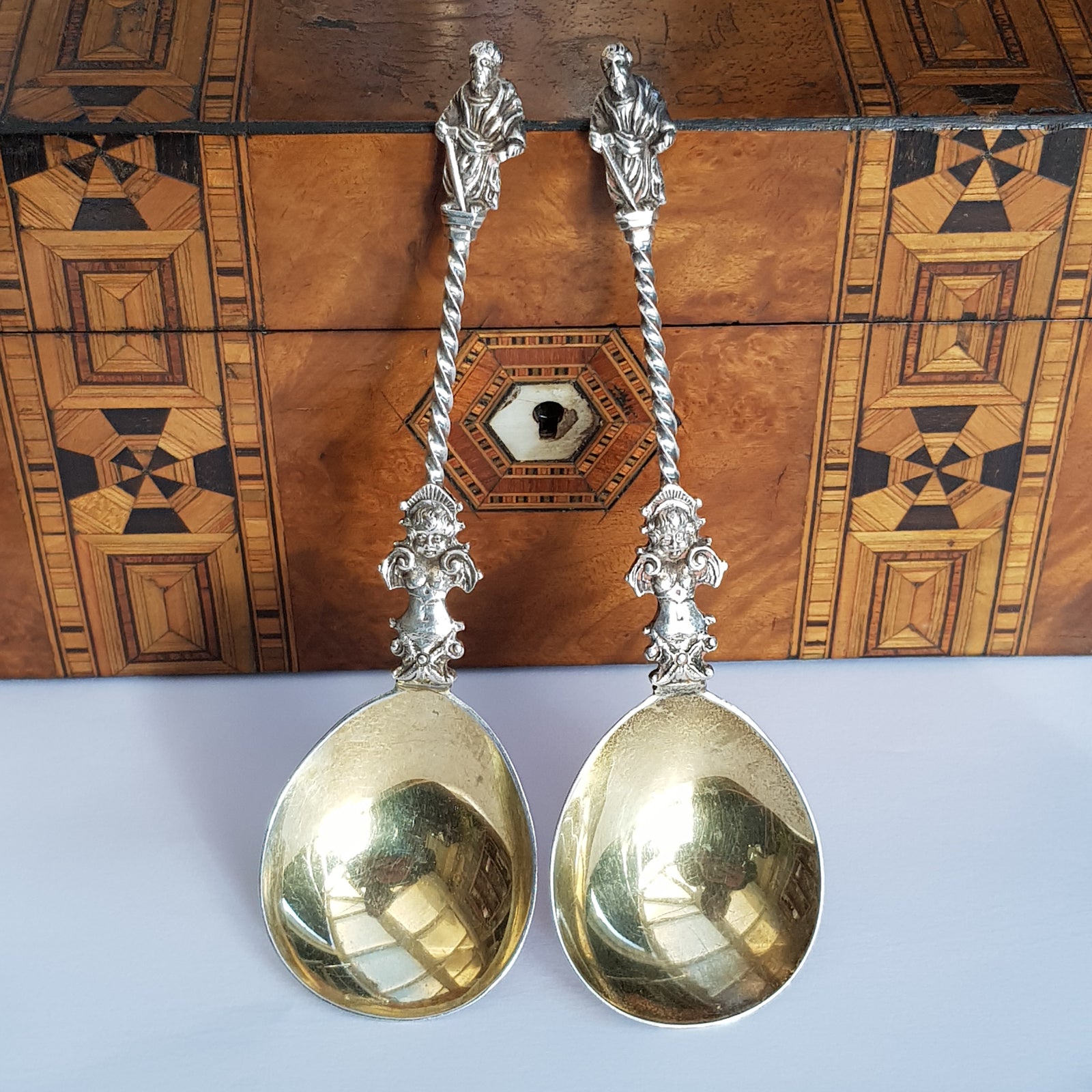 Sterling Silver Pair Cherub Stem And Apostle Finial Spoons Antique Edwardian London Circa 1902