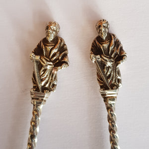 Sterling Silver Pair Cherub Stem And Apostle Finial Spoons Antique Edwardian London Circa 1902