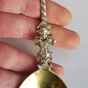 Sterling Silver Pair Cherub Stem And Apostle Finial Spoons Antique Edwardian London Circa 1902