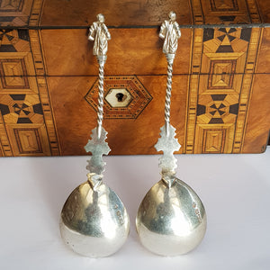 Sterling Silver Pair Cherub Stem And Apostle Finial Spoons Antique Edwardian London Circa 1902