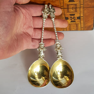Sterling Silver Pair Cherub Stem And Apostle Finial Spoons Antique Edwardian London Circa 1902