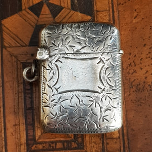 Sterling Silver Ivy leaf Engraved Fob Match Safe Vesta Antique Edwardian Birmingham circa 1903