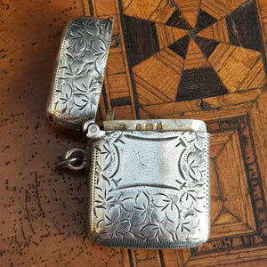 Sterling Silver Ivy leaf Engraved Fob Match Safe Vesta Antique Edwardian Birmingham circa 1903