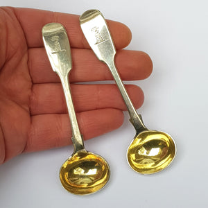 Sterling Silver Matched Pair Of Crested Condiment Spoons Antique Regency William IV London Circa 1837