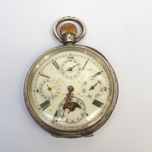 Swiss Solid Silver Cased Moon Phase Calendar Pocket Watch Antique Circa 1890