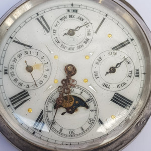 Swiss Solid Silver Cased Moon Phase Calendar Pocket Watch Antique Circa 1890