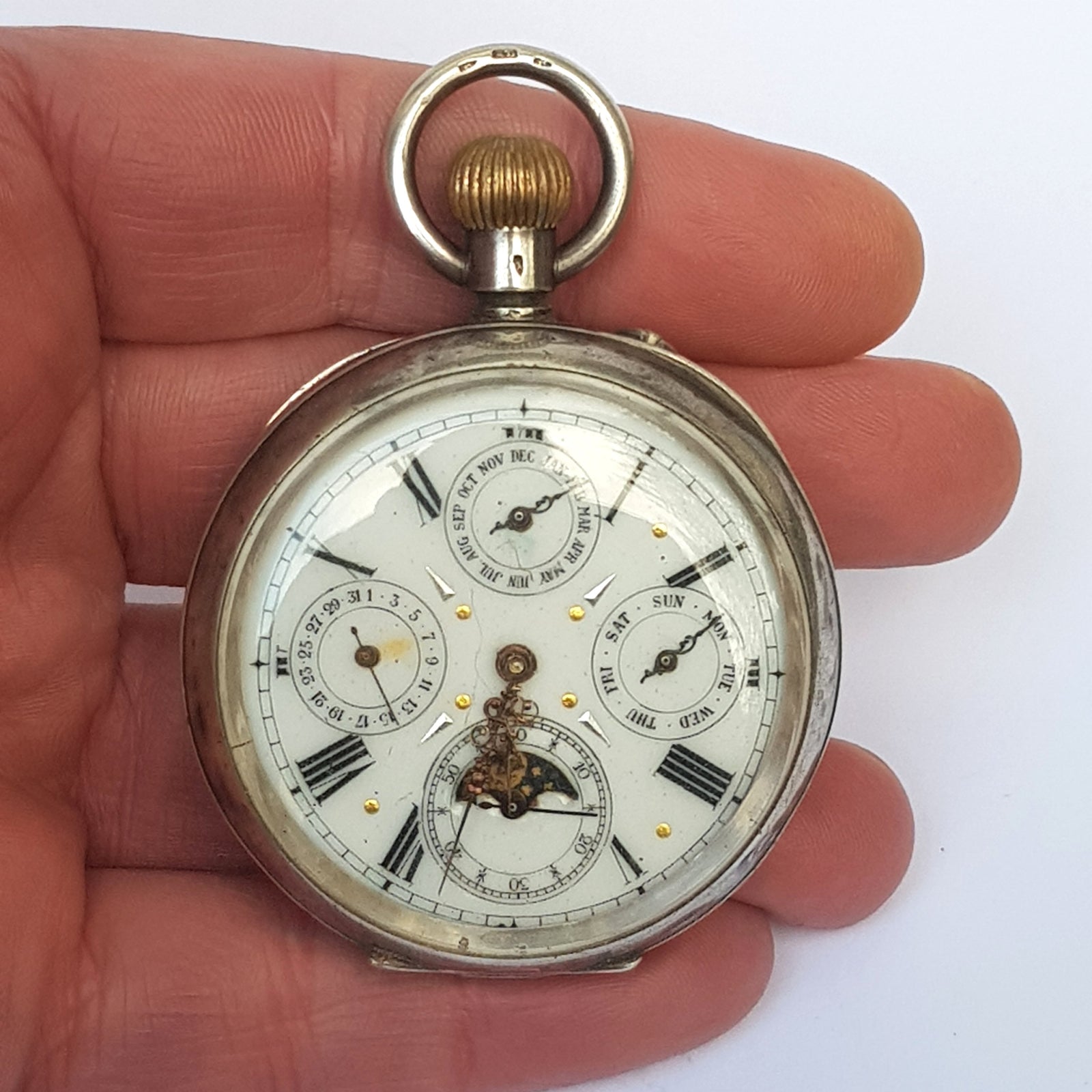 Swiss Solid Silver Cased Moon Phase Calendar Pocket Watch Antique Circa 1890