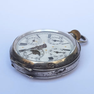 Swiss Solid Silver Cased Moon Phase Calendar Pocket Watch Antique Circa 1890