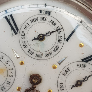 Swiss Solid Silver Cased Moon Phase Calendar Pocket Watch Antique Circa 1890