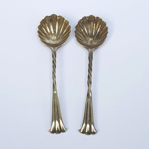 Sterling Silver Matched Pair Of Shelled Bowl Condiment Spoons Antique London Circa 1890
