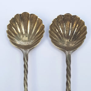Sterling Silver Matched Pair Of Shelled Bowl Condiment Spoons Antique London Circa 1890