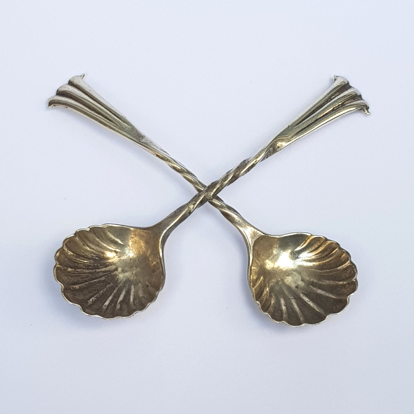 Sterling Silver Matched Pair Of Shelled Bowl Condiment Spoons Antique London Circa 1890