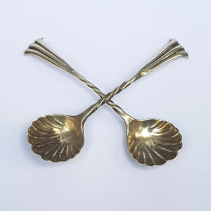 Sterling Silver Matched Pair Of Shelled Bowl Condiment Spoons Antique London Circa 1890