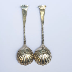 Sterling Silver Matched Pair Of Shelled Bowl Condiment Spoons Antique London Circa 1890