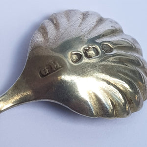 Sterling Silver Matched Pair Of Shelled Bowl Condiment Spoons Antique London Circa 1890