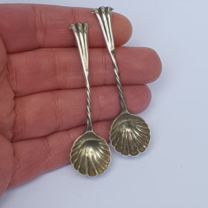 Sterling Silver Matched Pair Of Shelled Bowl Condiment Spoons Antique London Circa 1890