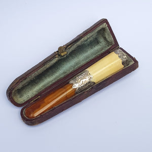 Sterling Silver And Amber Mounted Meerschaum Cheroot Holder In Case Antique Chester Circa 1900