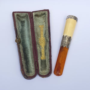 Sterling Silver And Amber Mounted Meerschaum Cheroot Holder In Case Antique Chester Circa 1900