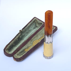 Sterling Silver And Amber Mounted Meerschaum Cheroot Holder In Case Antique Chester Circa 1900