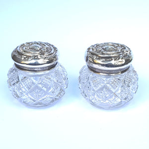 Sterling Silver Repousse Lidded Cut Glass Matched Pair Of Rouge Vanity Pots Antique Circa 1901