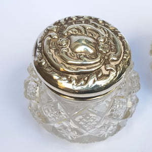 Sterling Silver Repousse Lidded Cut Glass Matched Pair Of Rouge Vanity Pots Antique Circa 1901