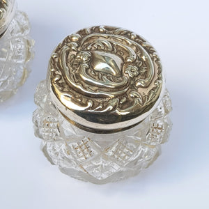 Sterling Silver Repousse Lidded Cut Glass Matched Pair Of Rouge Vanity Pots Antique Circa 1901