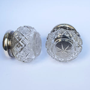 Sterling Silver Repousse Lidded Cut Glass Matched Pair Of Rouge Vanity Pots Antique Circa 1901
