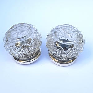Sterling Silver Repousse Lidded Cut Glass Matched Pair Of Rouge Vanity Pots Antique Circa 1901
