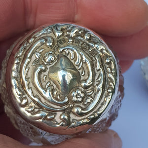 Sterling Silver Repousse Lidded Cut Glass Matched Pair Of Rouge Vanity Pots Antique Circa 1901