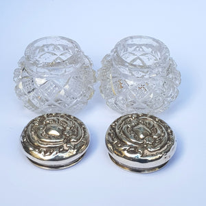 Sterling Silver Repousse Lidded Cut Glass Matched Pair Of Rouge Vanity Pots Antique Circa 1901